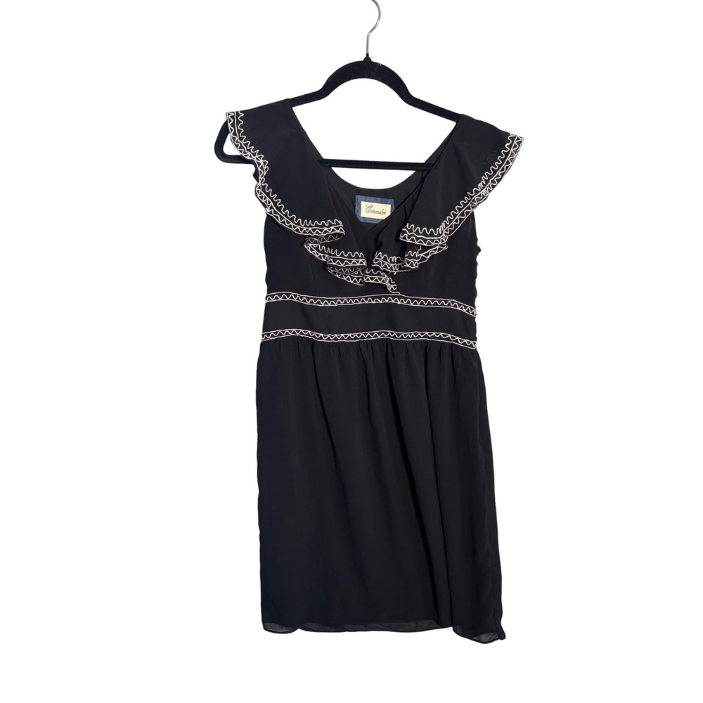 Emmelee Womens Mini Dress Small Black Ric-Rac Ruffle Trim Coquette Indie Sleaze